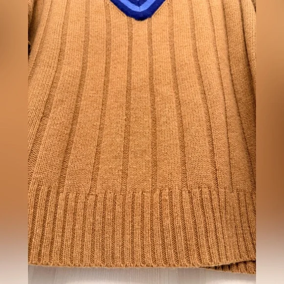Madewell Camel Tan Ribbed V Neck Sweater Blue Stripe Trim Varsity Size S - Picture 6 of 12